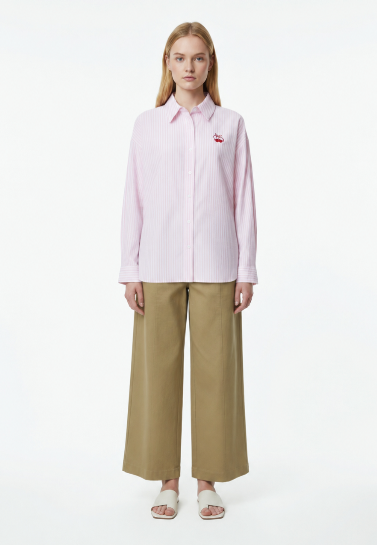 Catherine Striped Cherry Ribbon Shirt (Pink)
