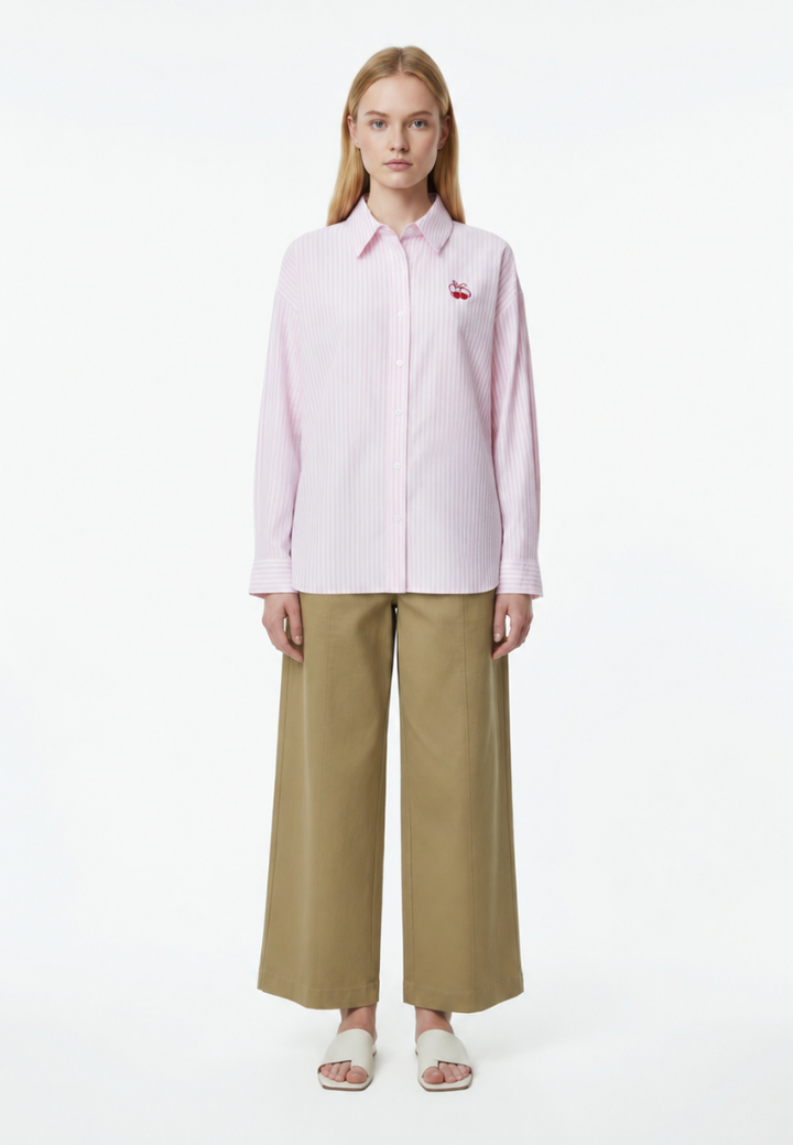 Catherine Striped Cherry Ribbon Shirt (Pink)