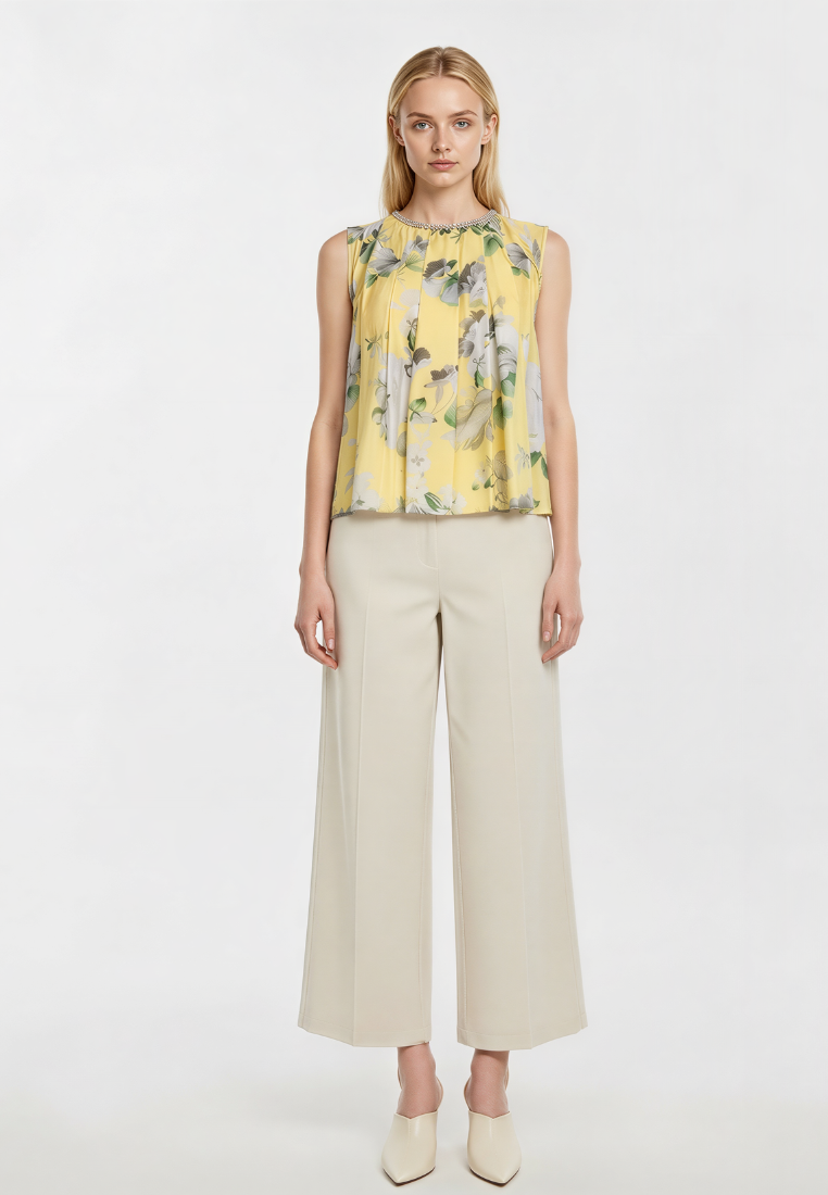 Sofia Beaded Neckline Pleated Floral Top (Yellow)