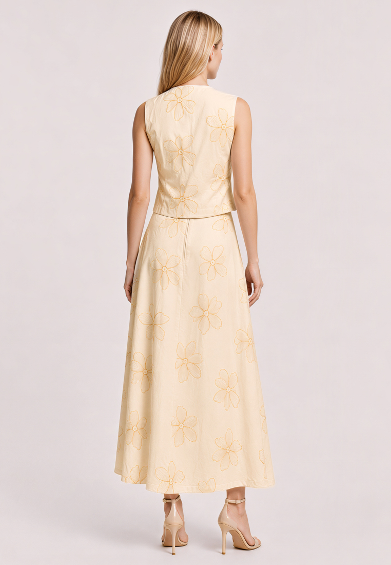 Love Knot Myra beige midi skirt, back view showing drape and ankle length
