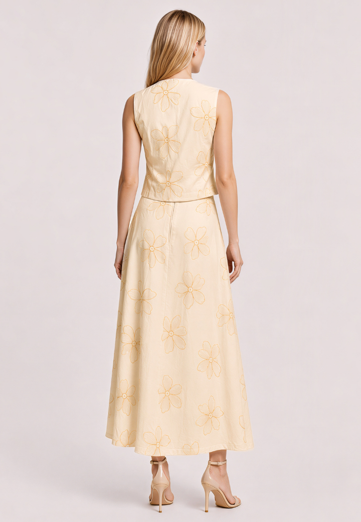 Love Knot Myra beige midi skirt, back view showing drape and ankle length