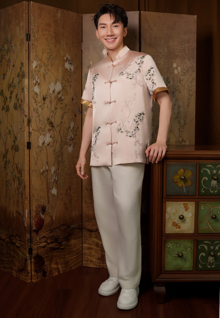 Jing Men’s Bonsai Embroidery Samfu Top (Pink)