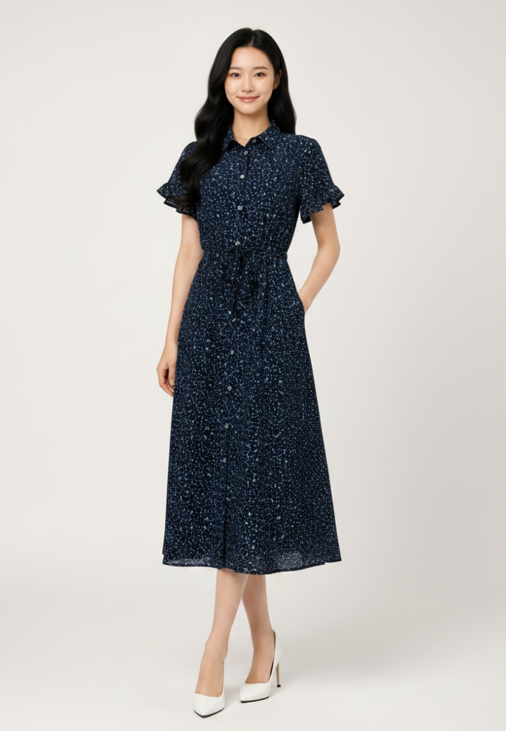 Linnea Floral Ruffle Sleeve With Tie Waist Midi Dress (Navy)