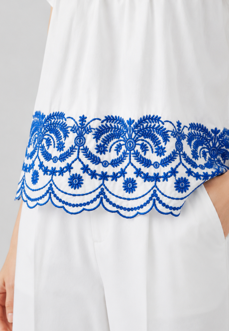 Thalia Cotton Embroidered Hem with Ruffle Sleeve Blouse Top (White)
