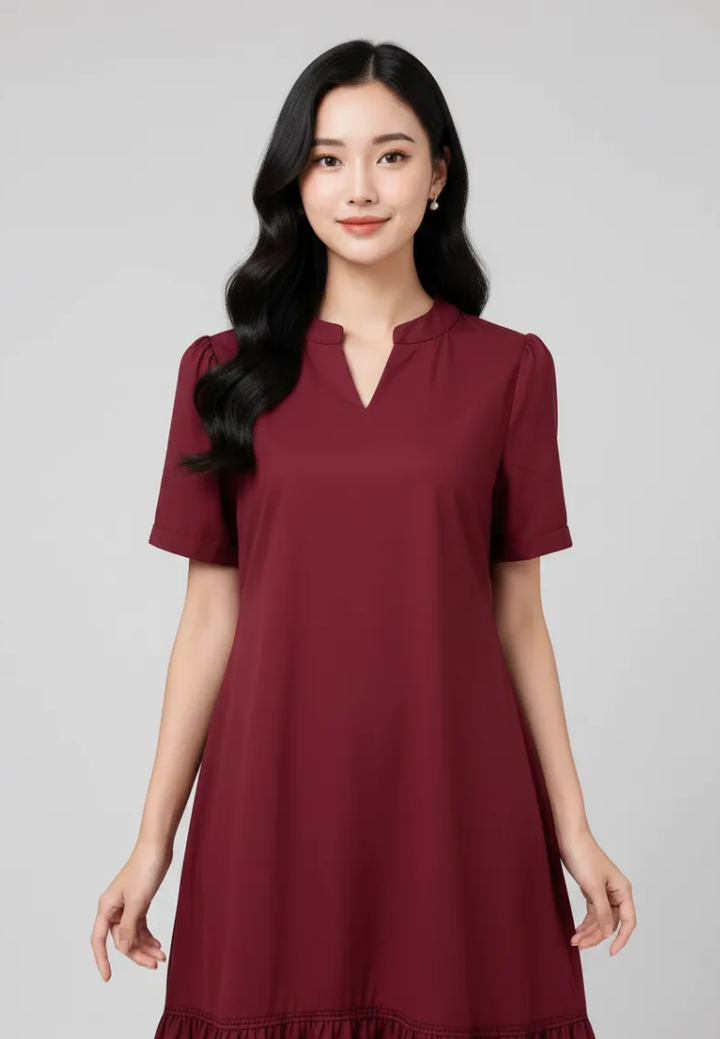 Adelina Ruffle Hem Midi Dress (Burgundy)