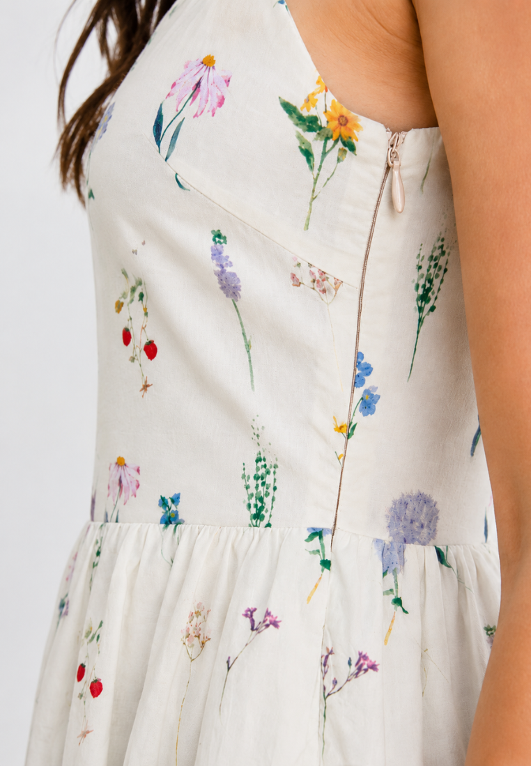 Cassia Floral Print Tiered Sleeveless Dress (Beige)