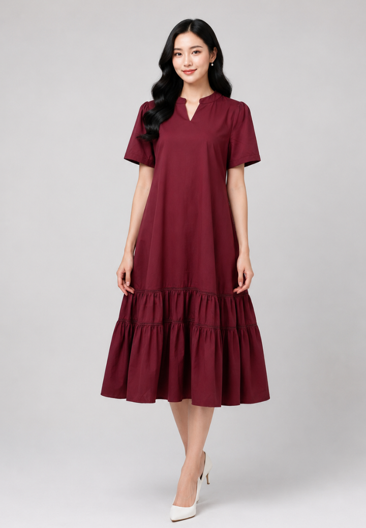 Adelina Ruffle Hem Midi Dress (Burgundy)