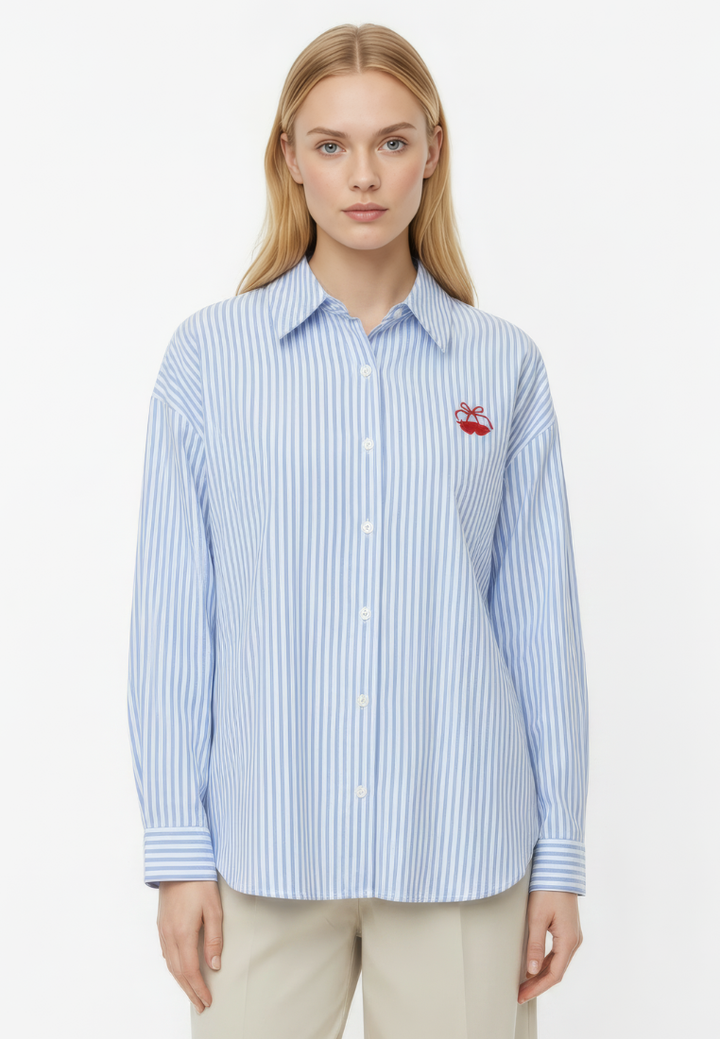 Catherine Striped Cherry Ribbon Shirt (Blue)