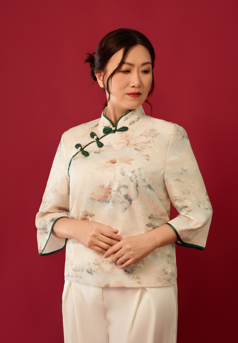 Qing Bai Satin Mandarin Collar Cheongsam Top (Beige)