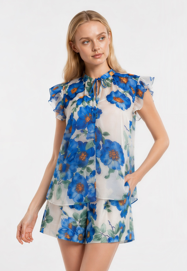 Thea Floral Ruffle Sleeve Tie Neck Blouse Top (Blue)
