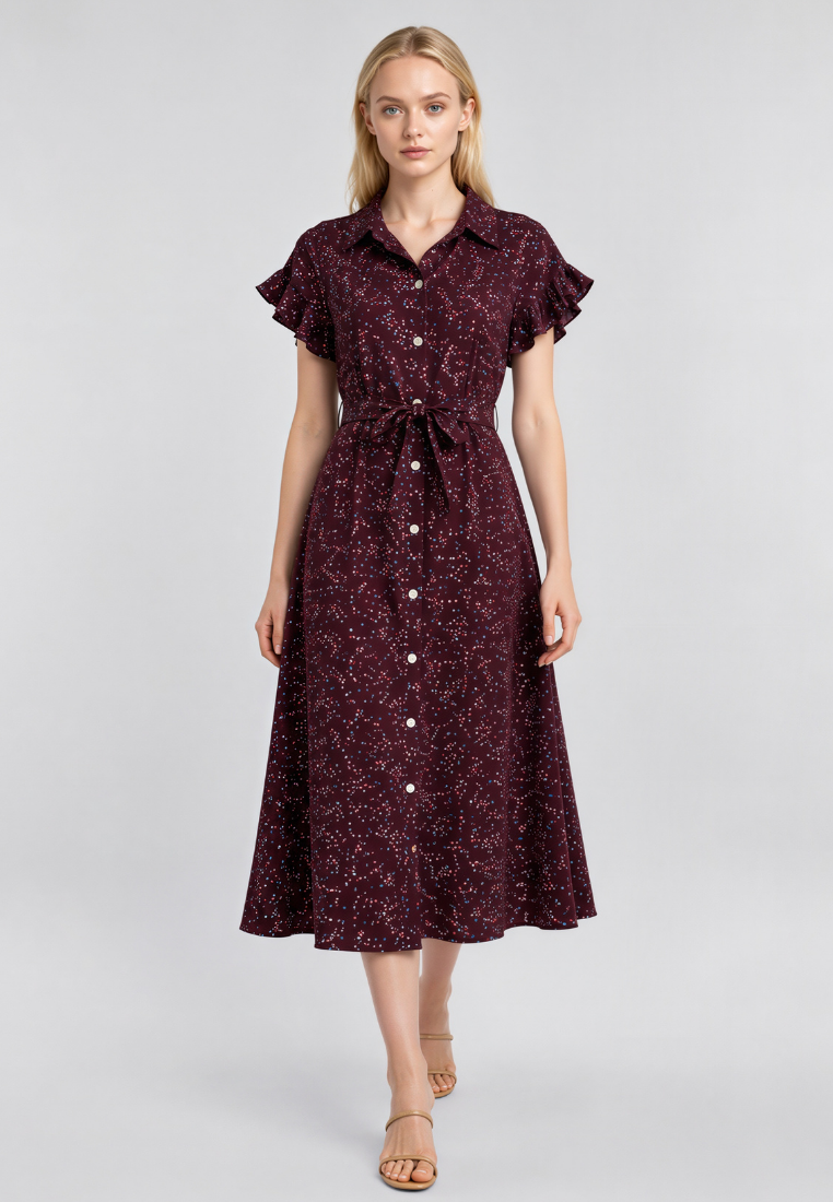 Woman wearing Love Knot Linnea burgundy floral midi dress, front view with shirt collar and tie waist