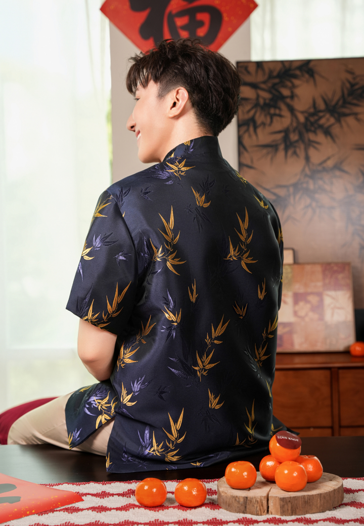 Huang Men’s Bamboo Jacquard Samfu Top (Navy Blue)