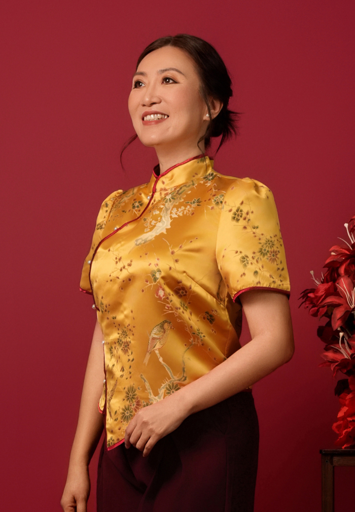 Jin Cai Jacquard Asymmetrical Cheongsam Top (Yellow)