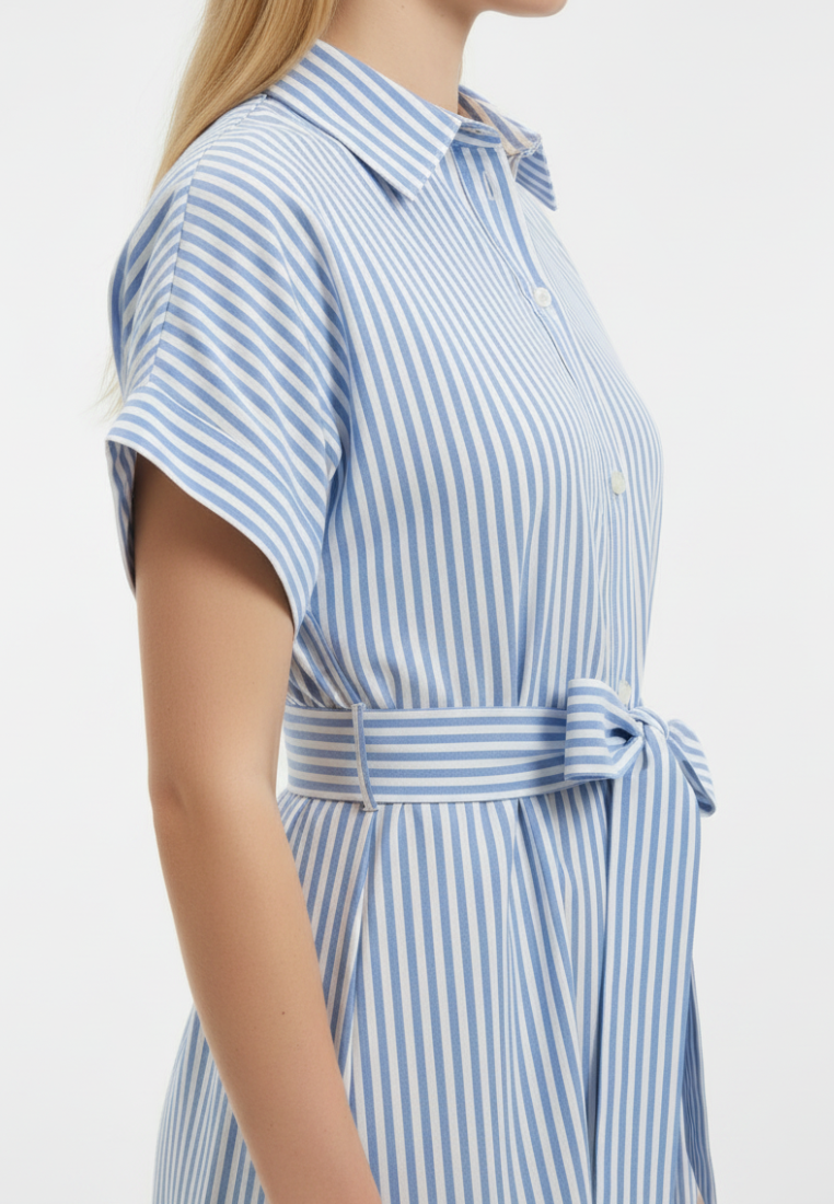 Diana Striped Tie Waist Button Down Midi Dress (Blue)