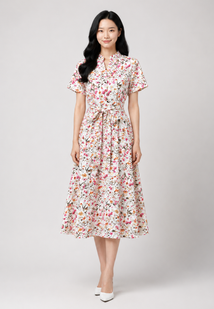Marguerite Floral Mandarin Collar With Tie Waist Midi Dress (Beige)