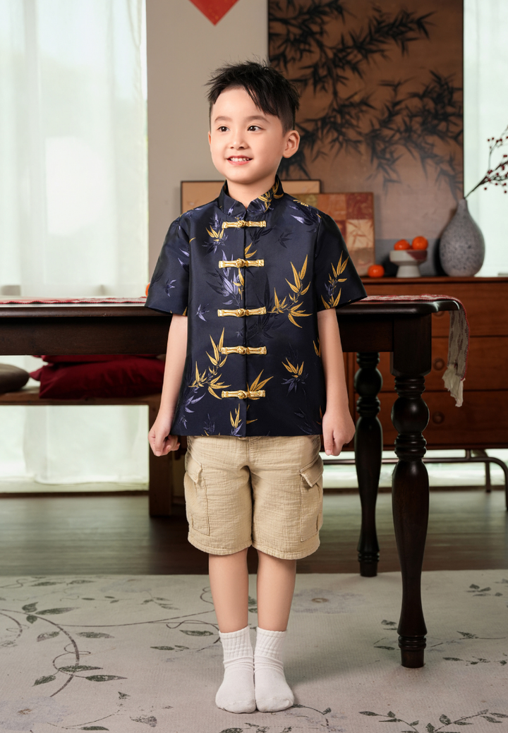 Little Xiu Zhu Bamboo Elements Boy Samfu Short Sleeves Top (Navy Blue)