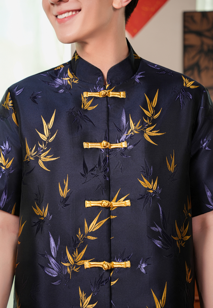 Huang Men’s Bamboo Jacquard Samfu Top (Navy Blue)