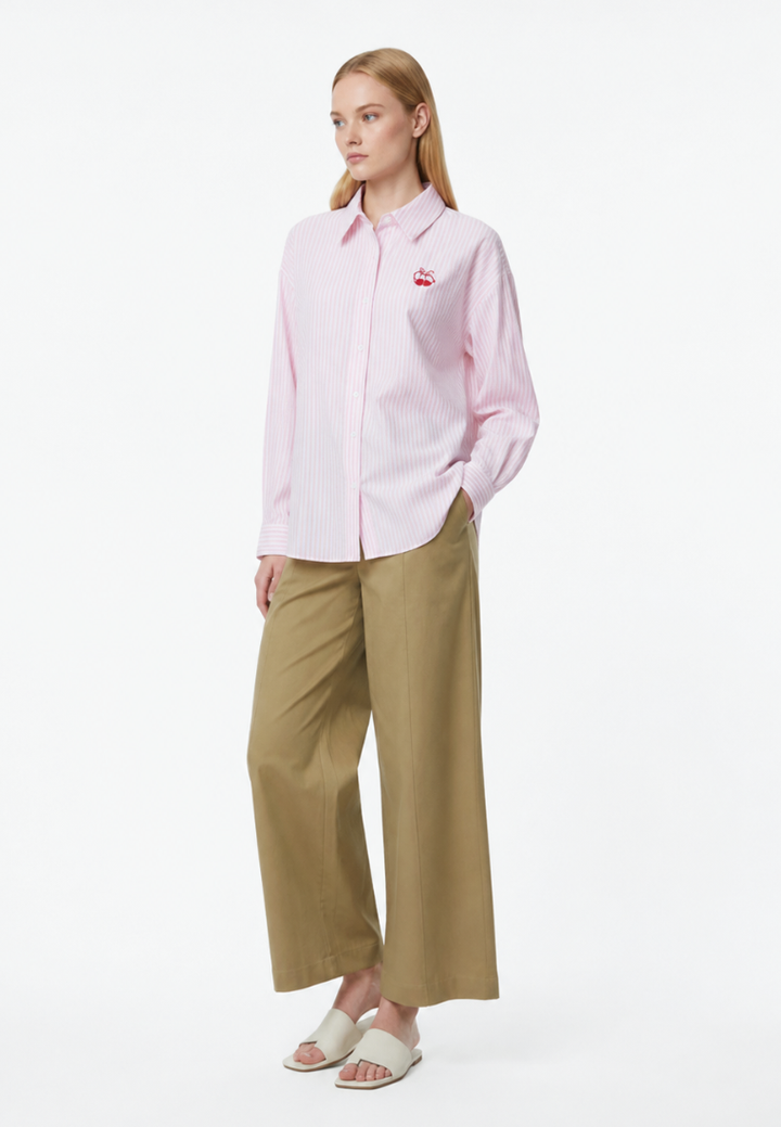 Catherine Striped Cherry Ribbon Shirt (Pink)