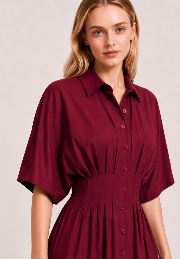Close-up of Love Knot Melissa dress — button-down front and pleated waist detail