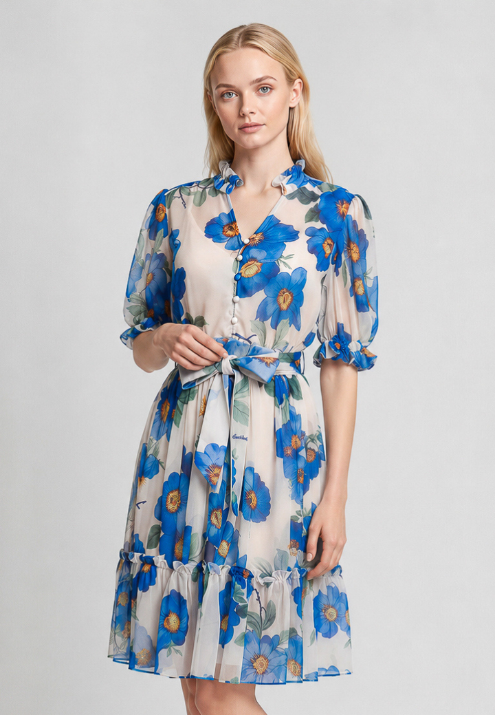 Elena Floral Chiffon Ruffle Collar Tiered Hem Dress (Blue)