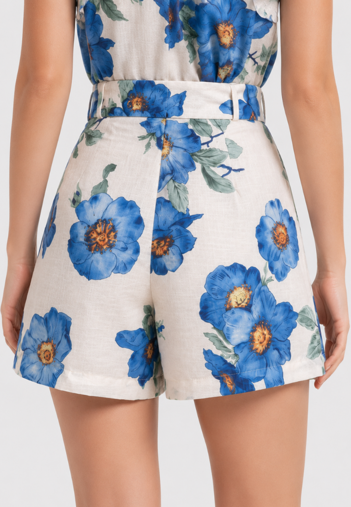 Delia Floral Print Belted High Waisted Shorts (Blue)