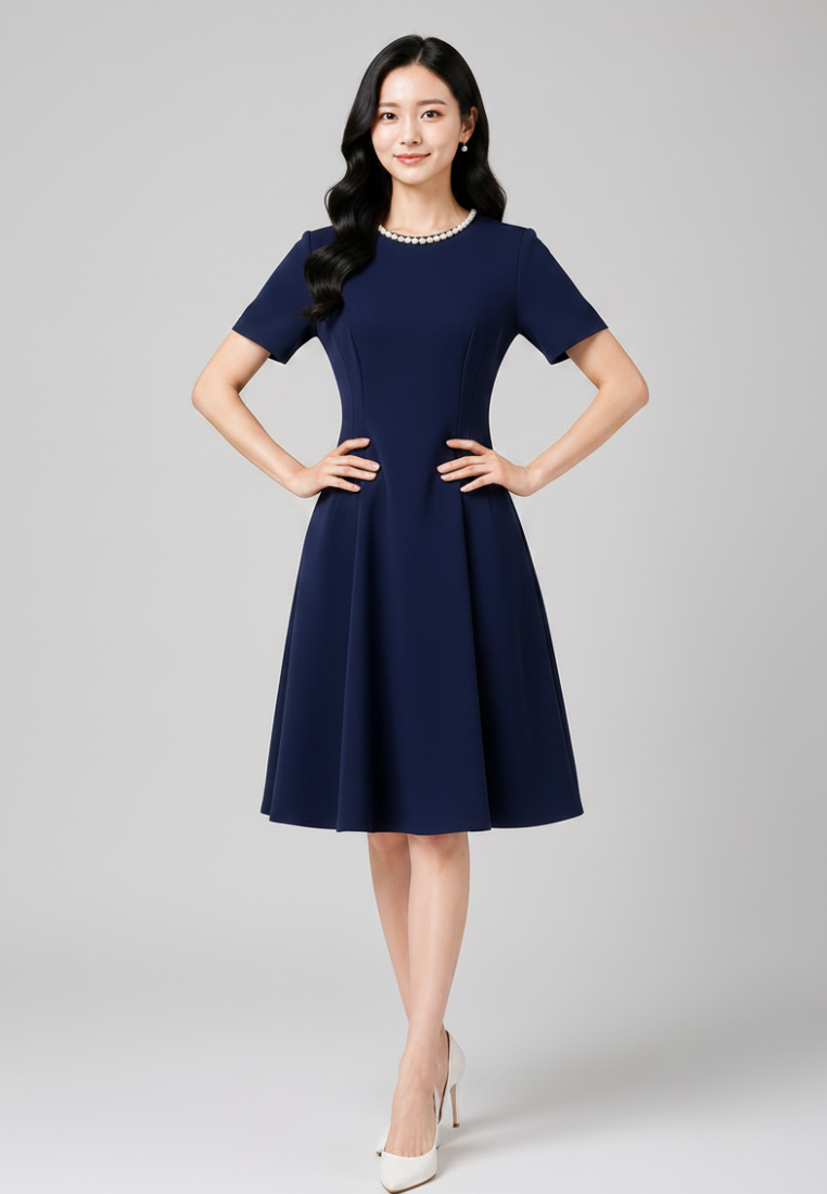 Audrey Pearl Beaded Neckline Fit and Flare Dress (Navy)