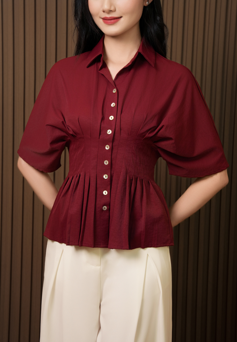 Clarissa Clinched Waist Pleated Collared Button Down Top (Burgundy)