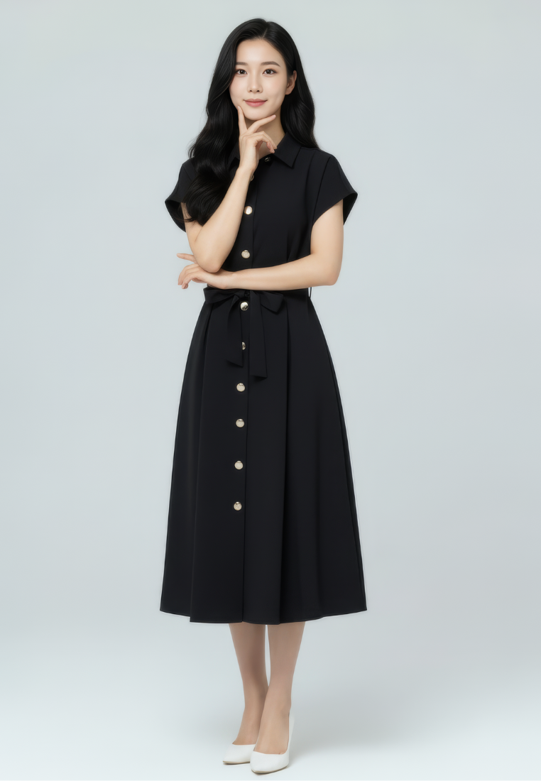 Dewi Collar Button Down Dress (Black)