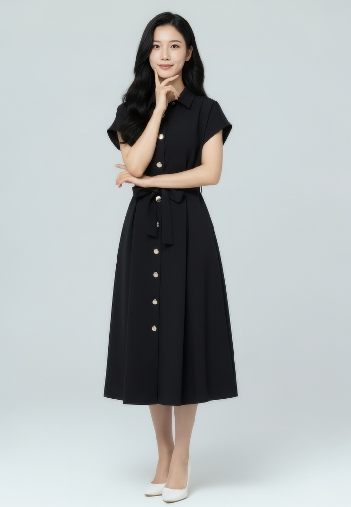 Dewi Collar Button Down Dress (Black)