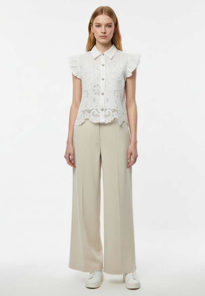 Mia Guipure Lace Ruffle Sleeve Blouse Top (White)