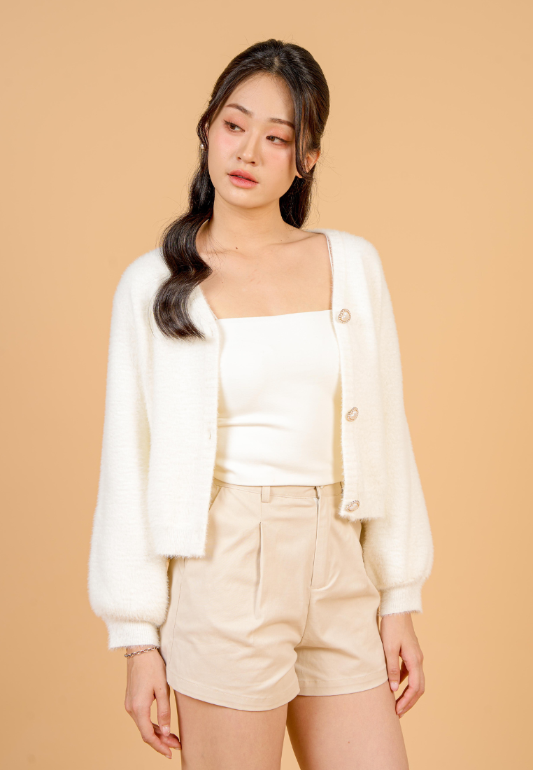 Delora Fuzzy Cardigan With Heart Pearl Buttons (White)