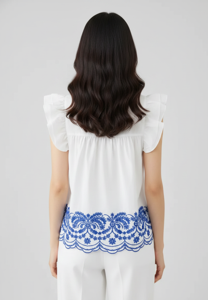 Thalia Cotton Embroidered Hem with Ruffle Sleeve Blouse Top (White)