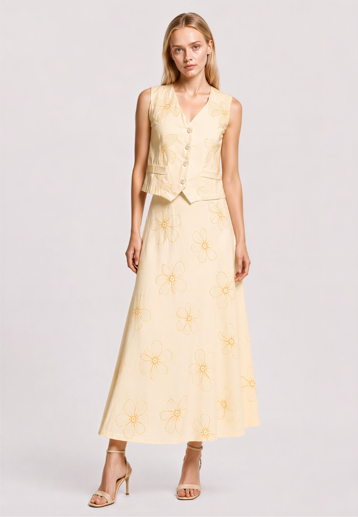 Love Knot Myra midi skirt in beige, full-length front view showing A-line silhouette