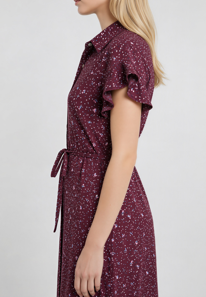 Love Knot Linnea burgundy floral midi dress, side view