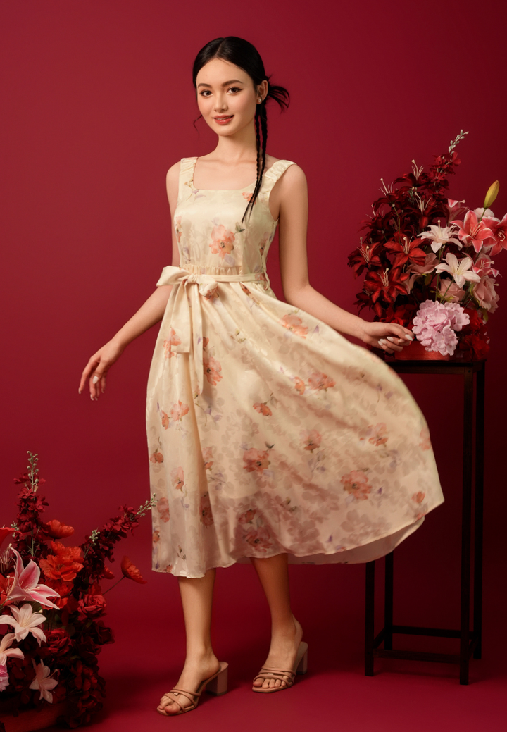 Violetine Straps Floral Midi Dress (Yellow)