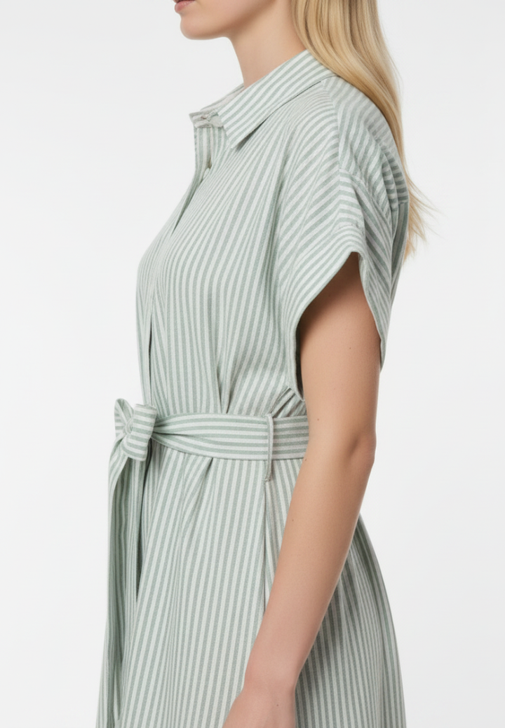 Diana Striped Tie Waist Button Down Midi Dress (Green)
