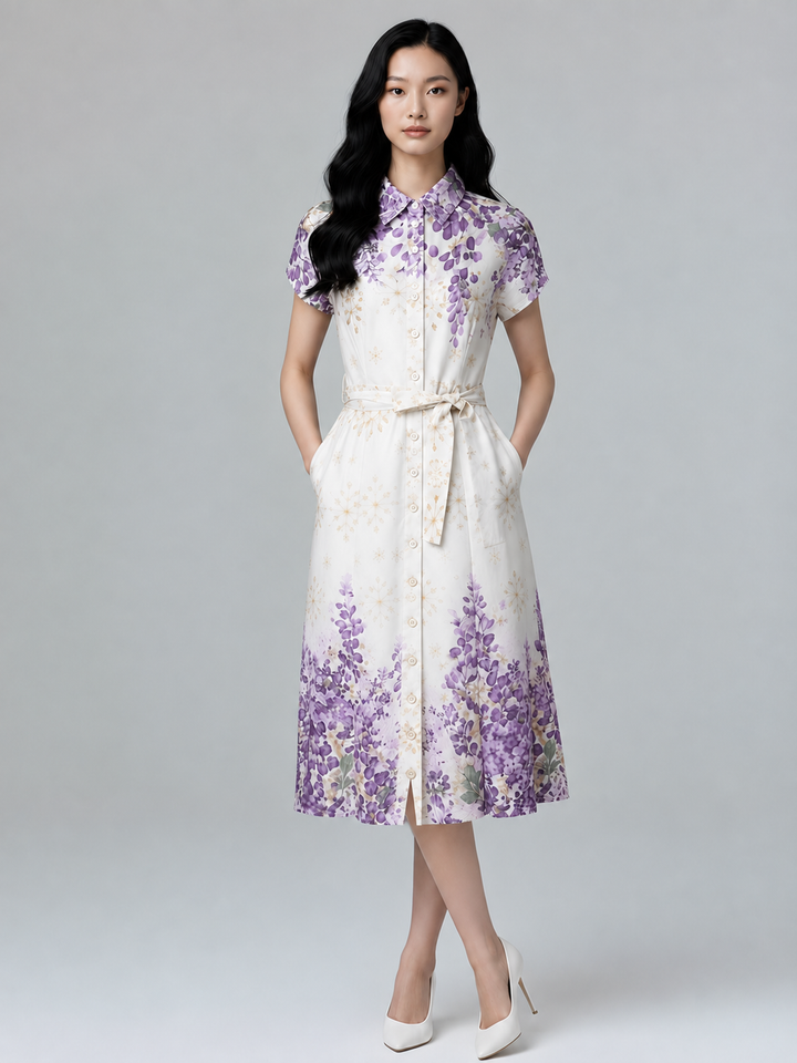 Camellia Cotton Eyelet Floral Prints Button Down A-line Collared Dress (Purple)
