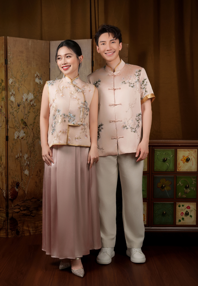 Jing Men’s Bonsai Embroidery Samfu Top (Pink)