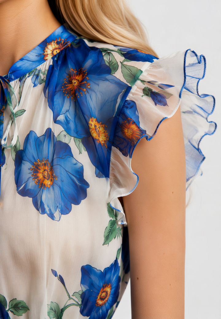 Thea Floral Ruffle Sleeve Tie Neck Blouse Top (Blue)