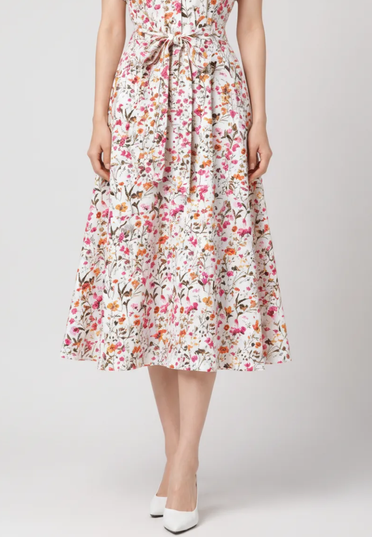 Marguerite Floral Mandarin Collar With Tie Waist Midi Dress (Beige)