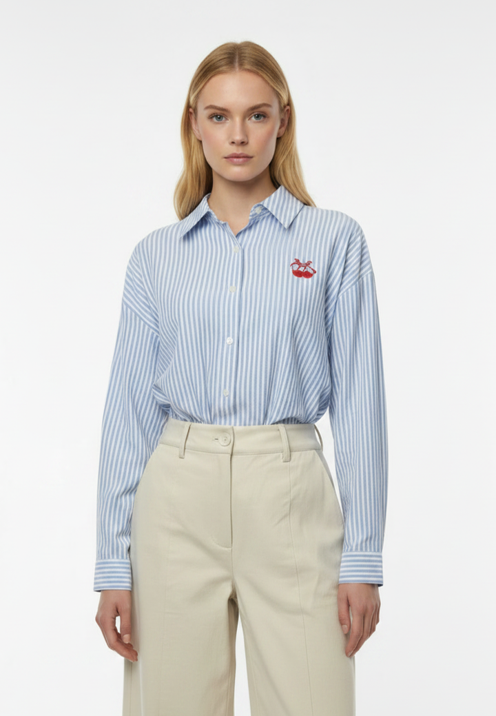 Catherine Striped Cherry Ribbon Shirt (Blue)