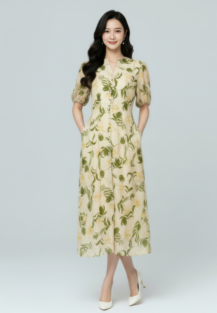 Woman wearing a floral dress on a white background