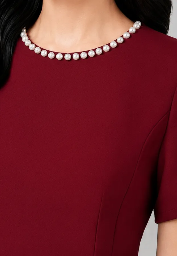Audrey Pearl Beaded Neckline Fit and Flare Dress (Burgundy)