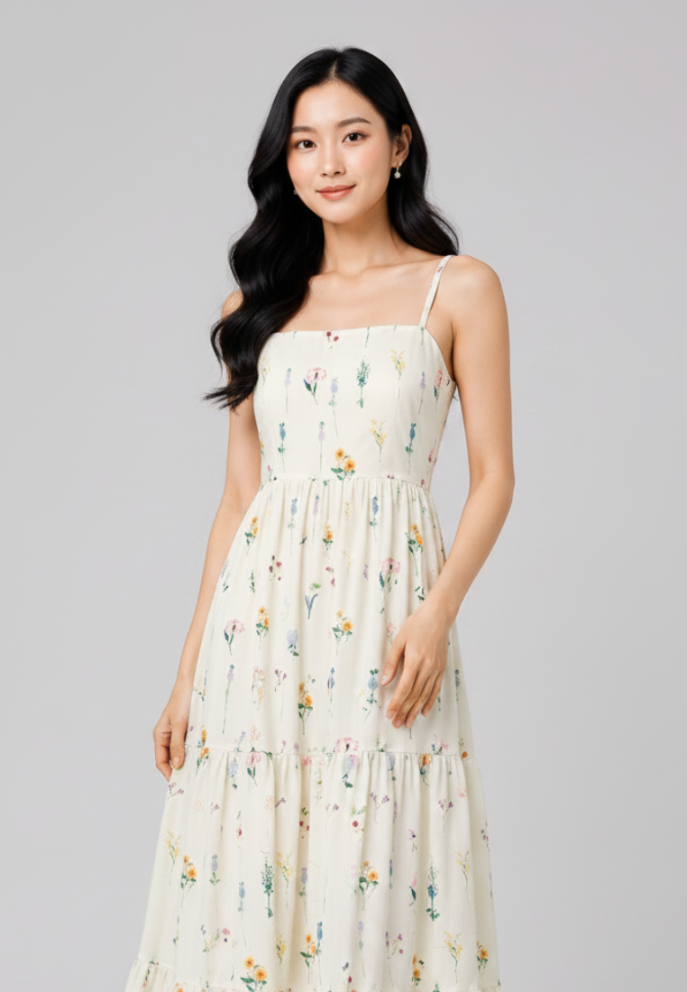 Cassia Floral Print Tiered Sleeveless Dress (Beige)
