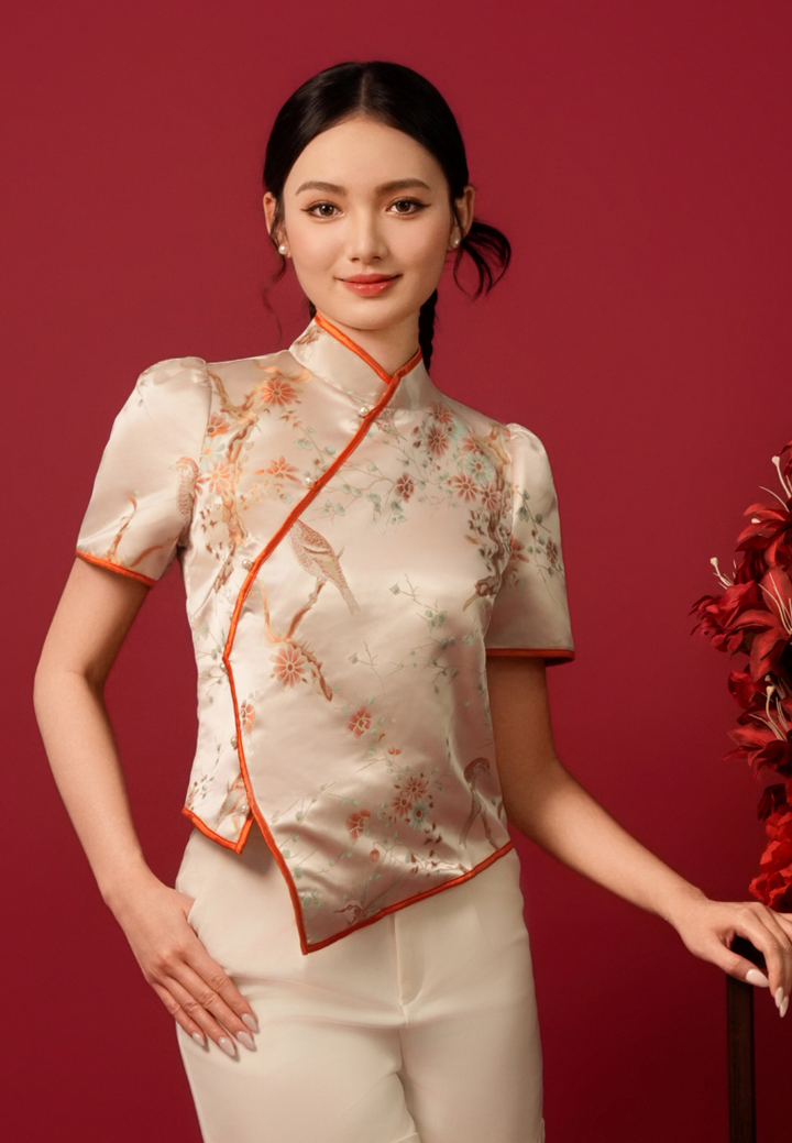 Jin Cai Jacquard Asymmetrical Cheongsam Top (Pink)