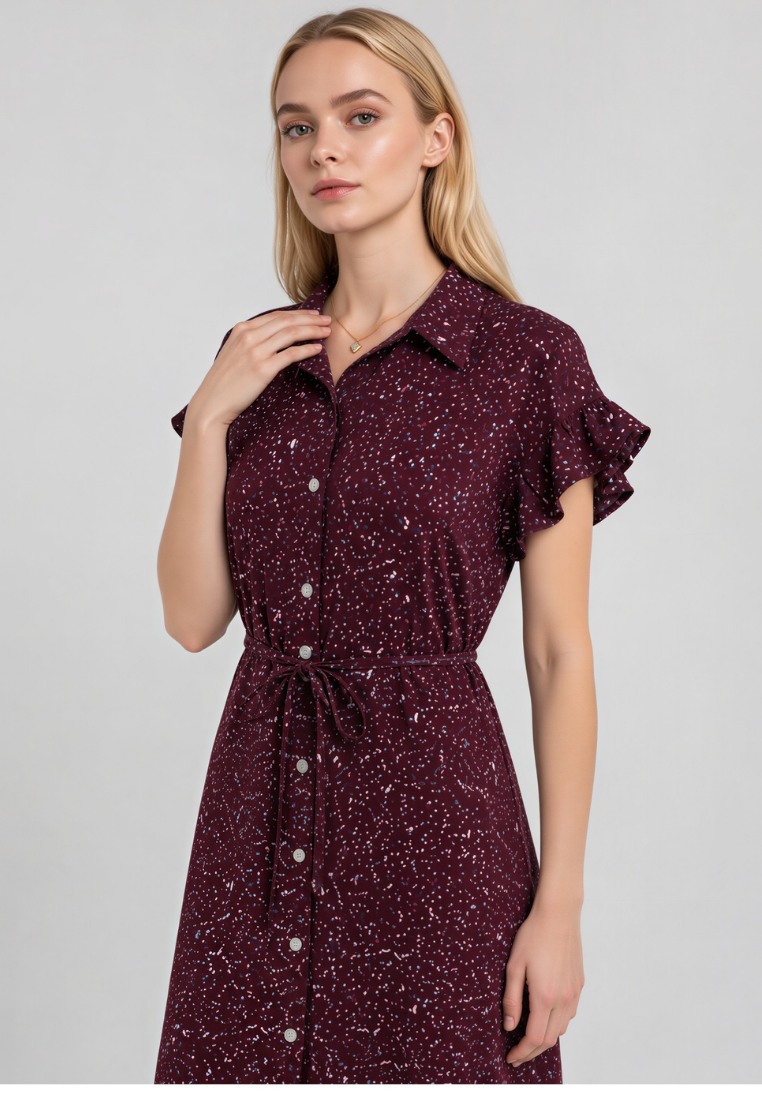 Linnea Floral Ruffle Sleeve With Tie Waist Midi Dress (Burgundy)