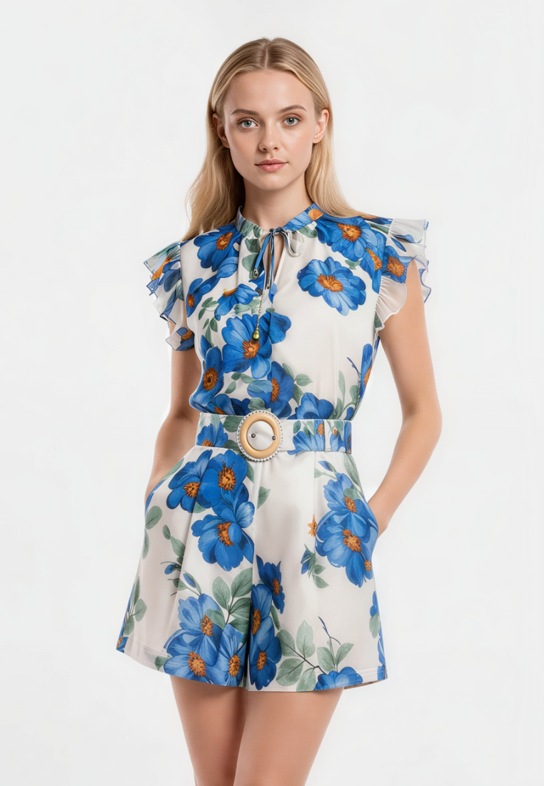 Thea Floral Ruffle Sleeve Tie Neck Blouse Top (Blue)