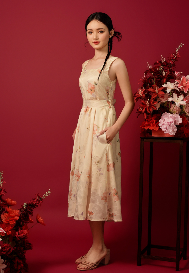 Violetine Straps Floral Midi Dress (Yellow)