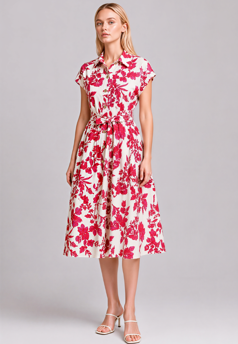 Lila Floral Print Collar Button Down Dress (Pink)