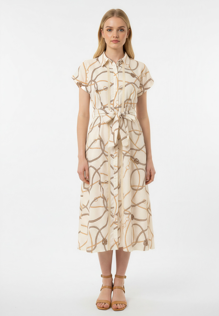 Evelyne Bridle Print Tie Waist Button Down Midi Dress (Beige)